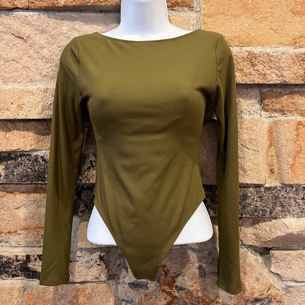 Girlfriend Collective Ava Ribbed Long Sleeve Thong Bodysuit Olive Green Sz Small